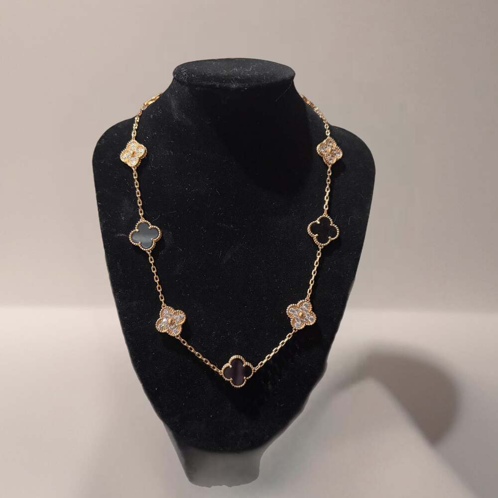 Elegant CZ and Onyx Mixed Clover Rose  Gold Necklace